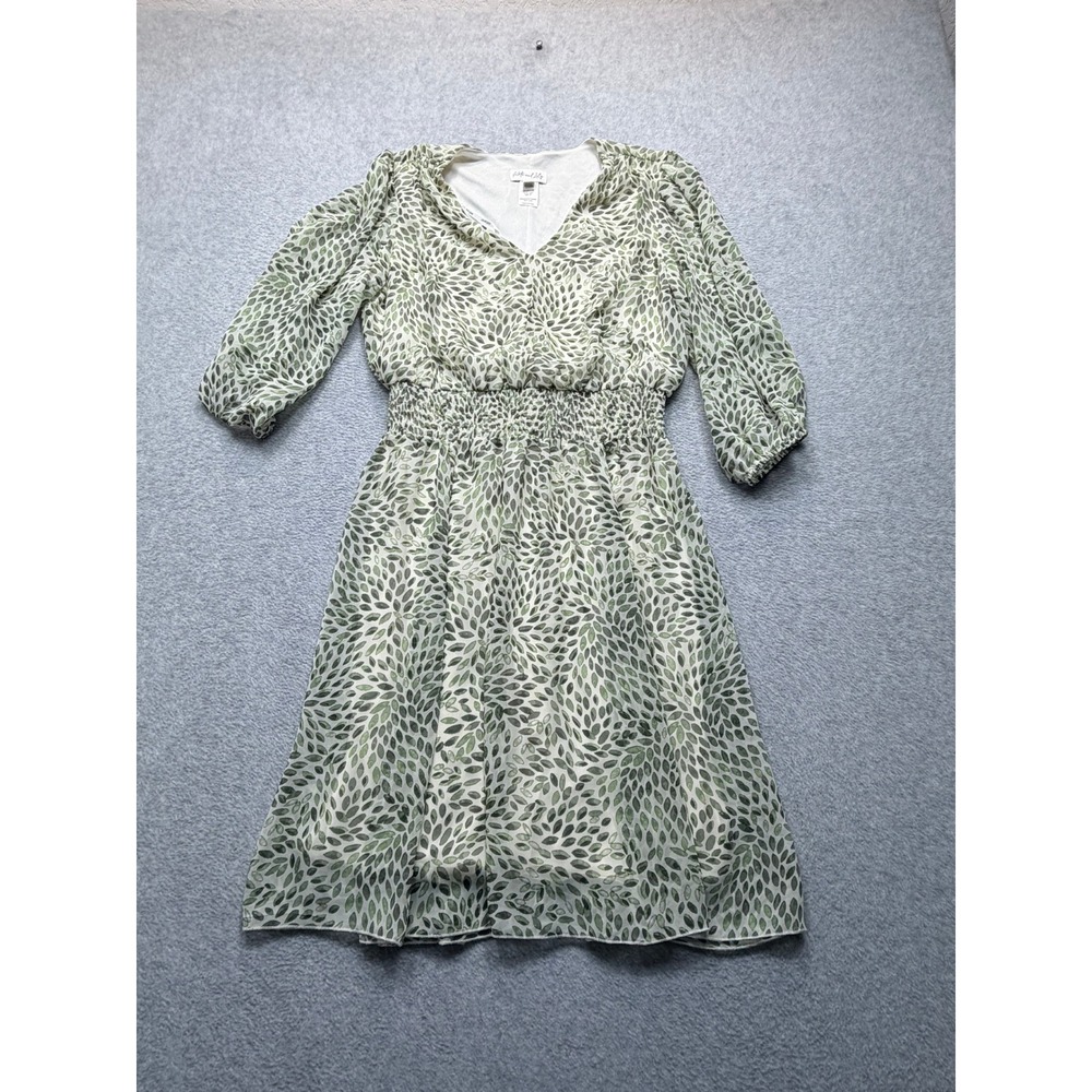 Kate and Lily Green Leaf Print Smocked Waist V-Neck Midi Dress 12P 514919